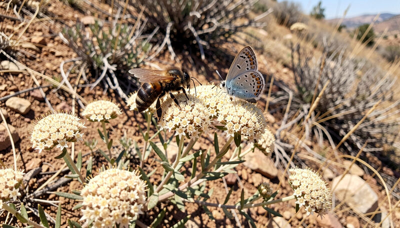 A native dark bee and a small blue butterfly feeding side by side on round clusters of tiny cream flowers on a dry hillside