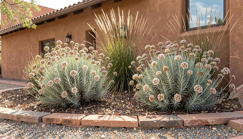 A gravel mulched front garden in the American Southwest with silvery flowering shrubs and tall grasses against an adobe house wall
