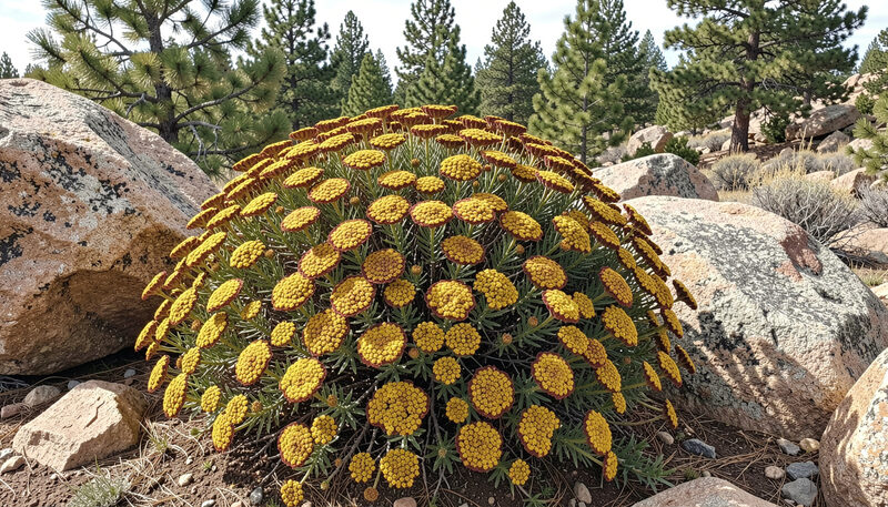 A dome shaped mountain shrub with flat clusters of small sulfur yellow flowers turning rust red at the edges beside granite boulders and pines