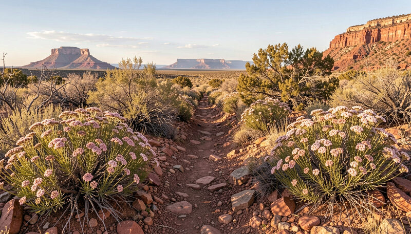 A rocky high desert trail winding between low flowering shrubs toward distant mesas under a wide morning sky