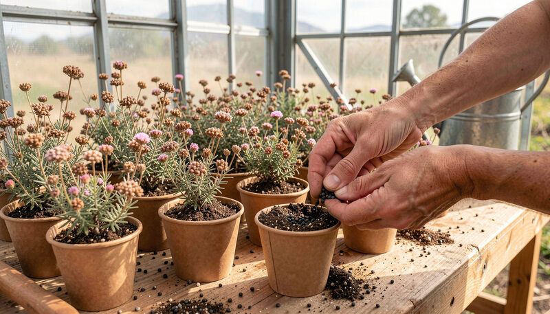 Hands sowing small dark seeds into paper pots filled with gritty soil on a potting bench in a greenhouse with a watering can nearby