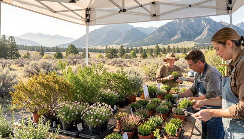 A community native plant sale under a pop up canopy with gardeners choosing small potted shrubs on a spring morning